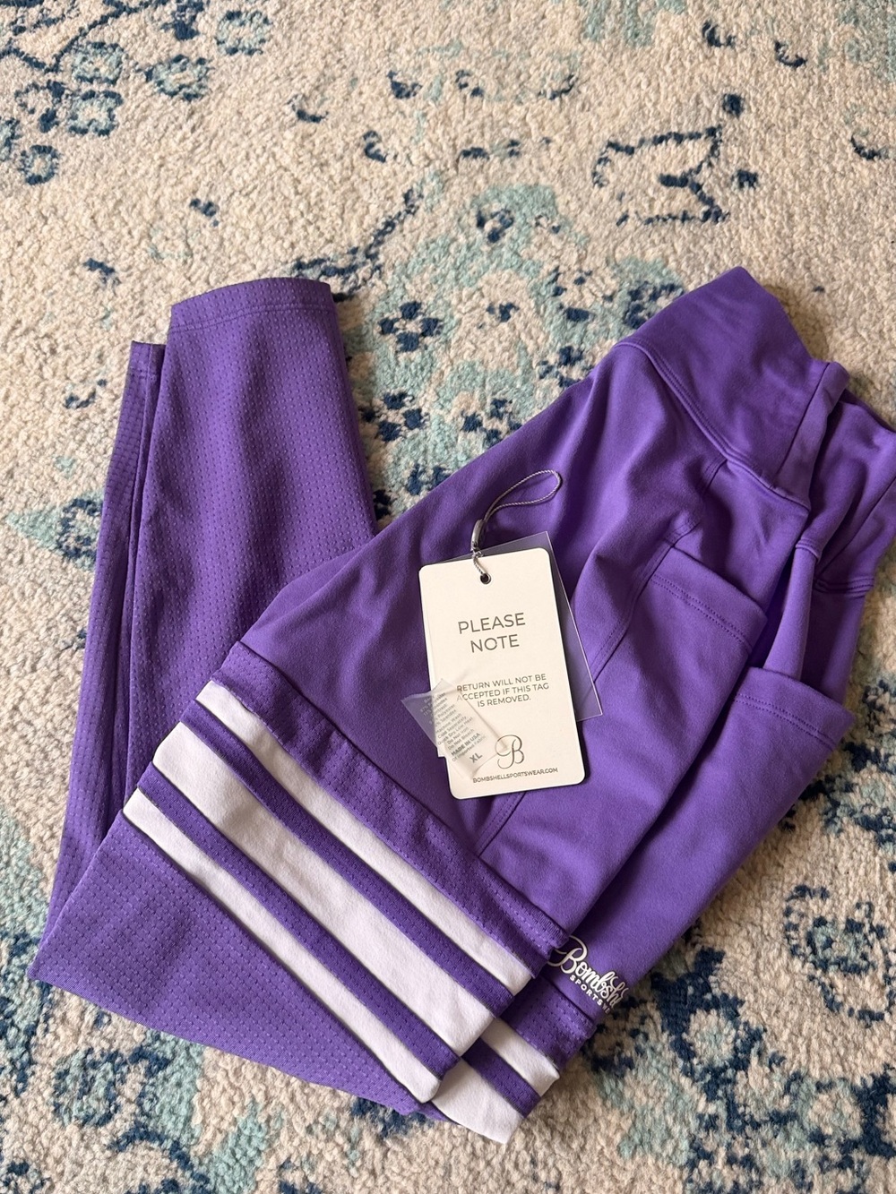 Bombshell Sportswear Purple thigh highs' Leggings with White Stripe Hem